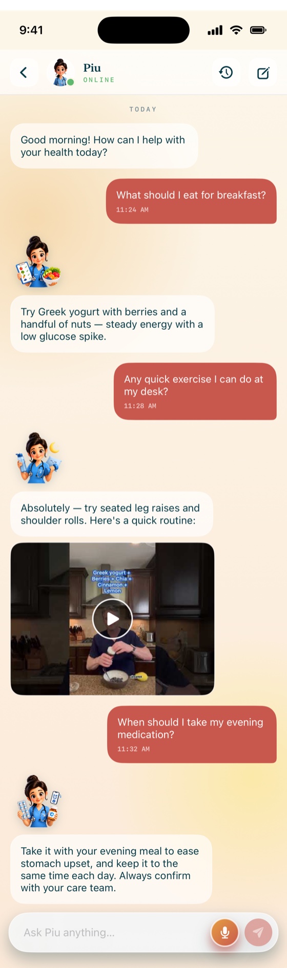 A simple medication reminder — Piu logs it and reminds you to follow your practitioner's advice